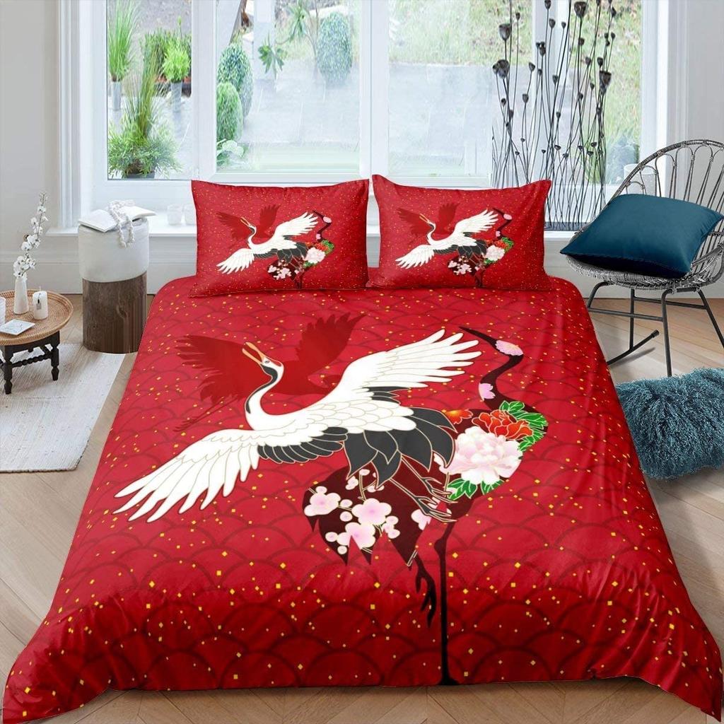 Comforter Crane Queen Size Japanese-Style Bedding Set Cherry Blossoms Pattern Women Girls Japanese Traditional