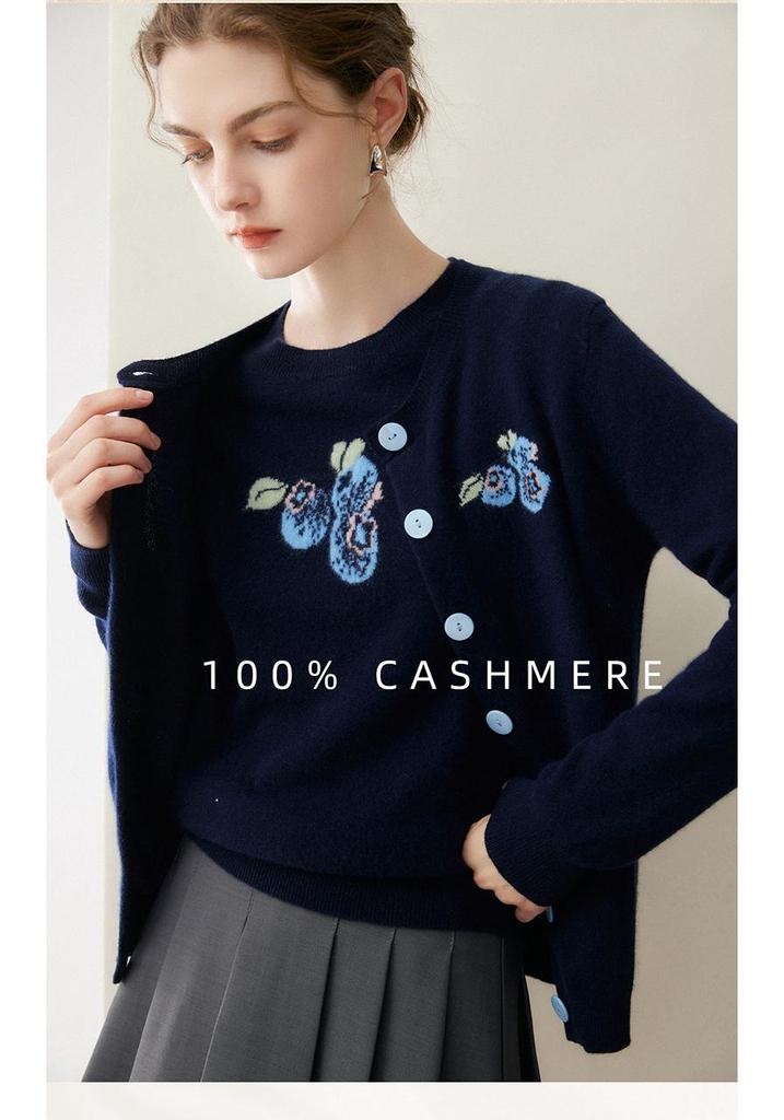 Lekasha Women's 100% Cashmere Embroidered Cardigan - Autumn/Winter Round-Neck Knit Jacket