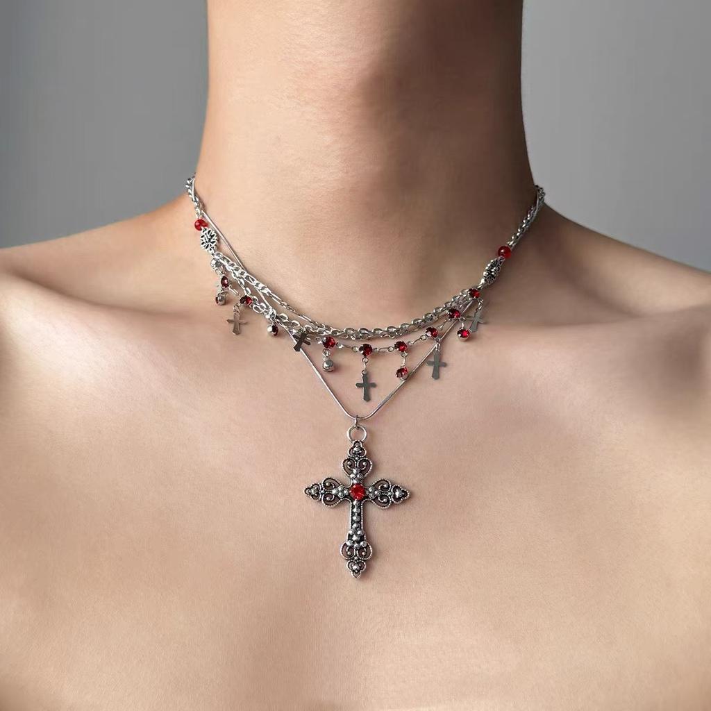 Gothic‑Style Women Multi‑Layer Stacked Collarbone Chain, Niche‑Vintage Accessories With Cross Pendant And Tassel Design Details