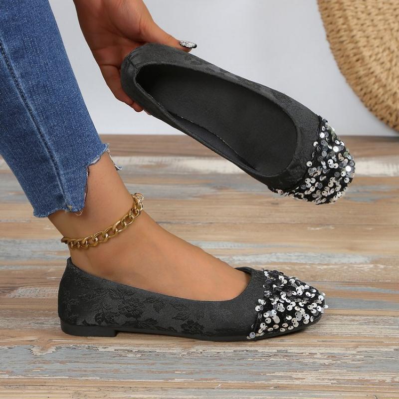 Women Flat Casual Rhinestones Shoes Women Autumn Slip-on Single Flat Shoes Breathable Lightweight Pointed Cloth Loafers Size 43