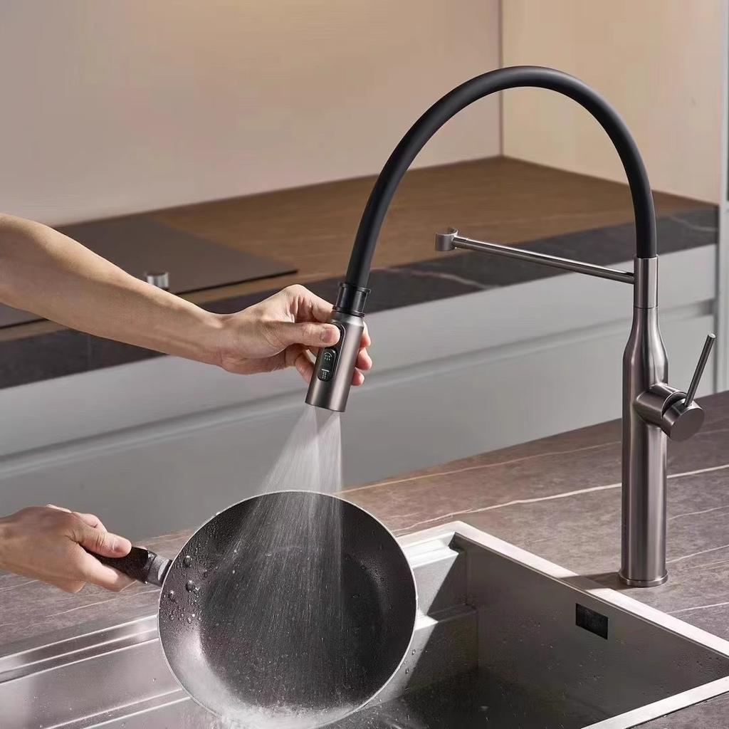 Grey Kitchen Faucet Pull Down Hot and Cold Rotation 304SUS Kitchen Sink Mixer Lead Free Magnetic Suction Sink Mixer