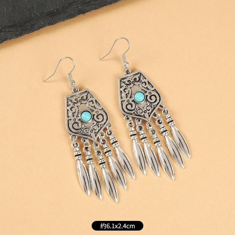 Vintage Miao silver fringed earrings with turquoise long Indian bohemian earrings Exotic earrings
