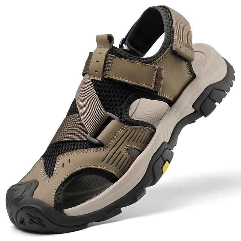 Leather Outdoor Shoes Summer Breathable Sandals, New Mesh Sandals Bag Head Anti-kick Beach Shoes Trendy Men's Shoes