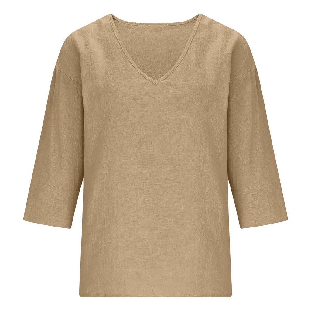 Donna Nuova Primavera Estate Cotone Slub Manica 3/4 Scollo a V Top, Blusa Casual Moda Larga