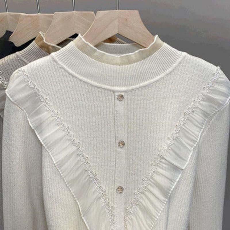 Women Ruffles Lace Patchwork Cashmere Sweater Autumn Winter Casual Knitted Jumpers Long Sleeve Slim Pullovers