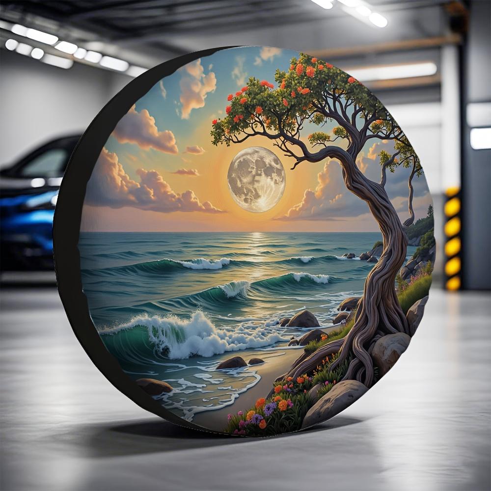 1pc 2D Flat Printing Tire Cover Moon And Tree 100% Polyester Fiber No Power Needed Suitable For Camping Desert Parking 2D Flat S