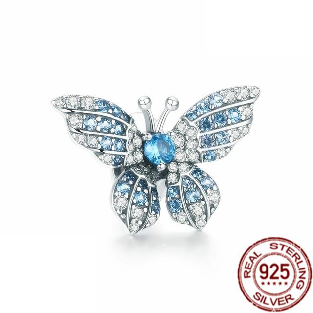 925 Sterling Silver Blue Butterfly Puffer Fish Bead Rainbow Parrot Squid Dangle Charm Fit Original Fasion Bracelet Jewelry Gift