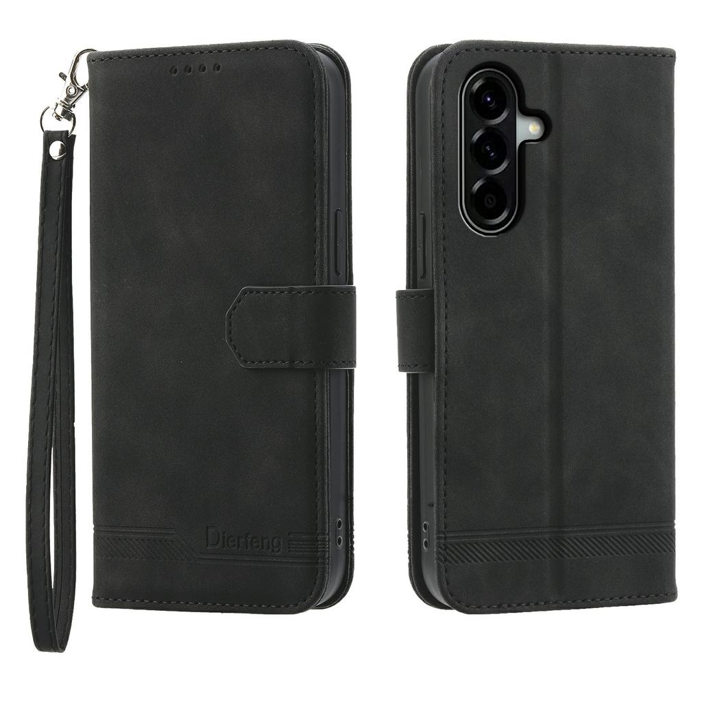DIERFENG DF-03 For Samsung Galaxy A57 5G Case Lines Imprint Wallet Leather Phone Cover with Wrist Strap