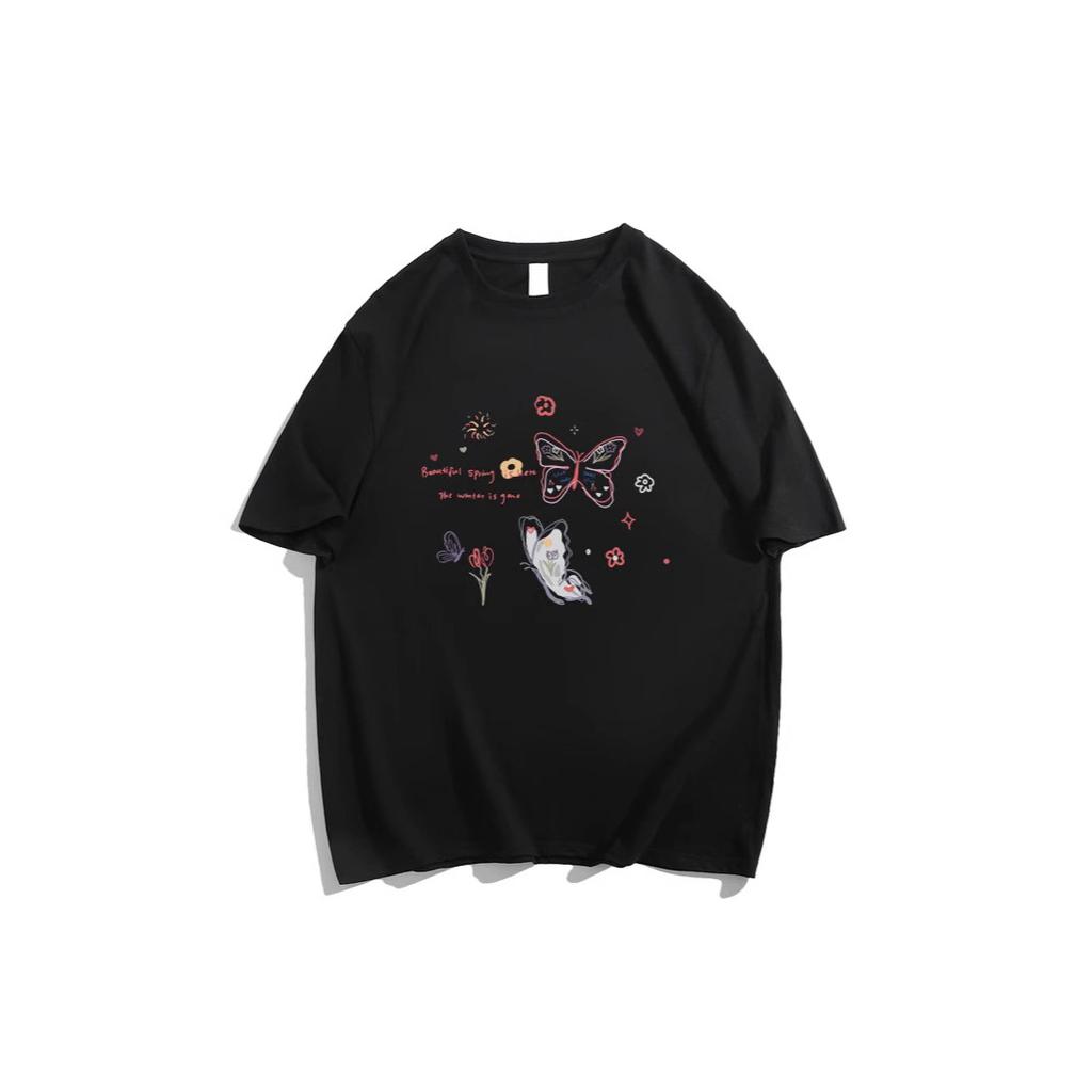Flower gray American ins trendy brand butterfly short-sleeved T-shirt women's summer new pure cotton design sense niche fat MM top