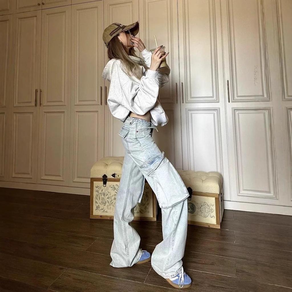 Women's Light Blue Low-Waist Wide-Leg Workwear Jeans with Big Pockets