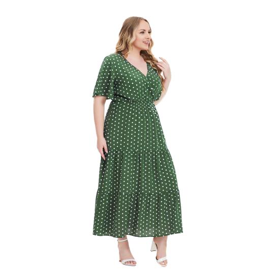 Sukienka damska plus size z dekoltem w serek, krótkim rękawem, falbankami i płynnym dołem midi