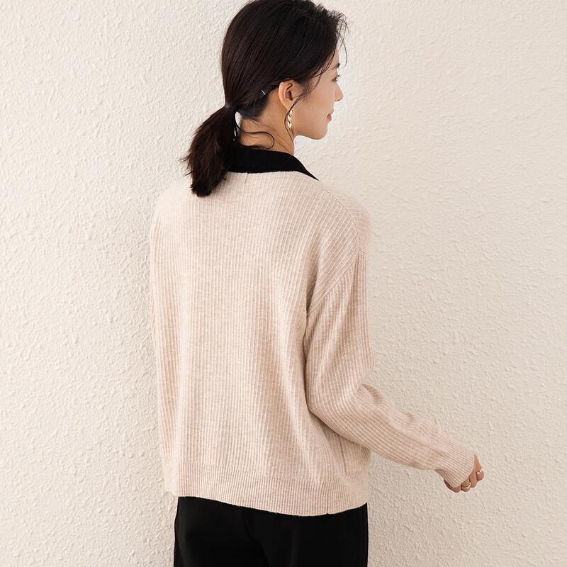 TUHUANG Women's Thick Pure Wool Color-Block Lapel Pocket Sweater