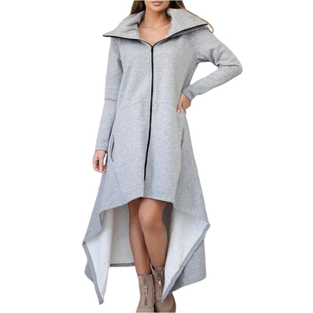 Women's Fashionable Solid Color Long Sleeved Hooded Long A-line Skirt Loose And Versatile Sweatshirt Jacket