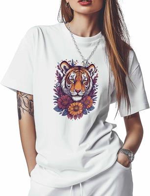 T Shirts for Women Graphic Tees Retro Crew Neck Short Sleeve Shirts for Women Tiger Flower Casual T-Shirt