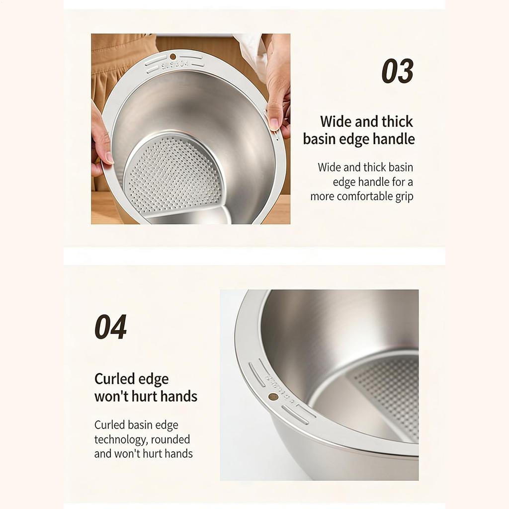 Rice Washer Strainer Slanted Bottom Mesh Container Stainless Garlic Grater Dish Set for Kitchen Household Ginger Scallion