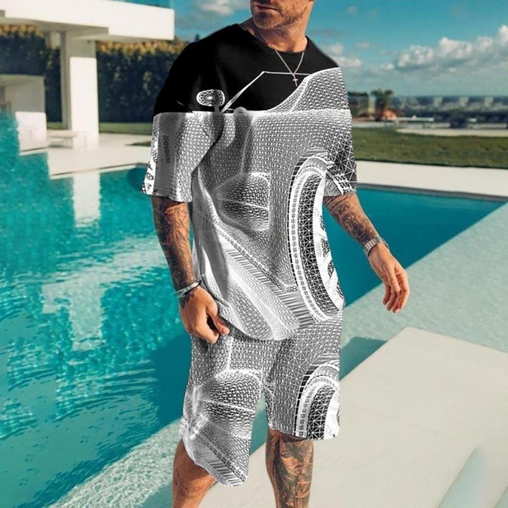 Men's Casual Sports Set Short Sleeve and Shorts Two-Piece Fashion Geometric Pattern Summer Daily Wear Comfortable Breathable