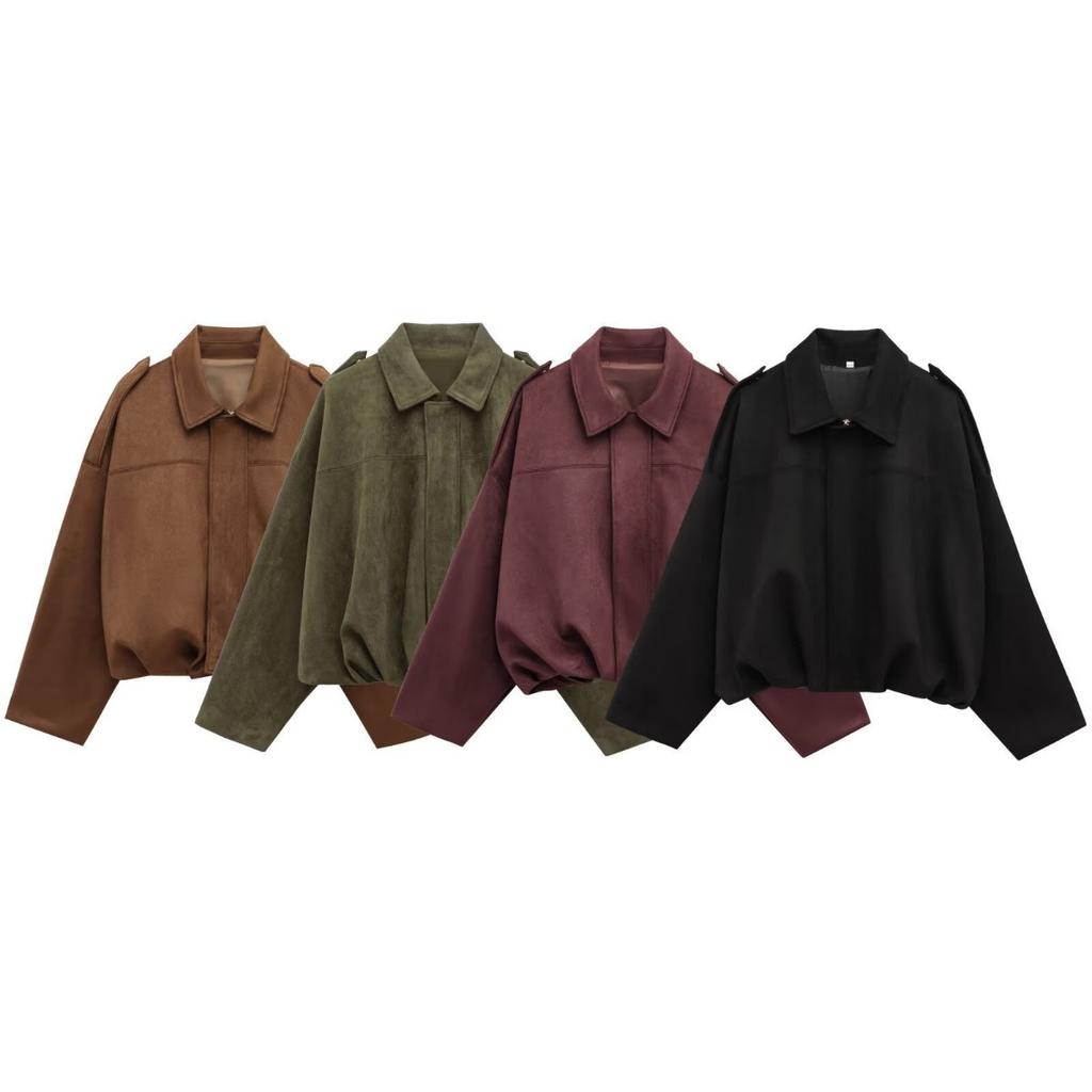 Fall Winter Women's Oversized Suede Batwing Sleeve Zip Up Aviator Jacket Casual Outerwear