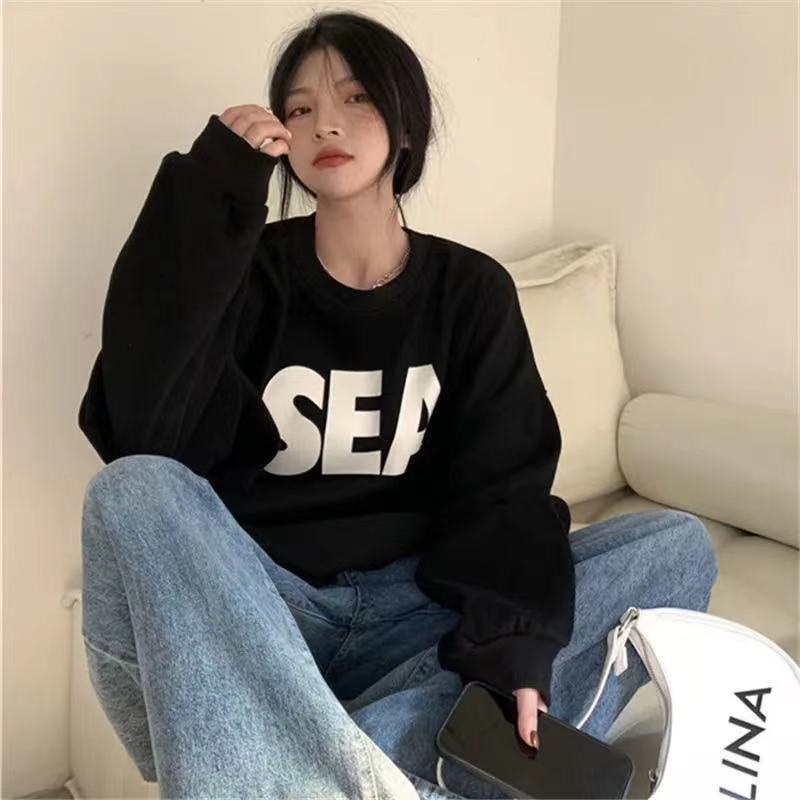 

Плюшевый свитер для женщин на осень и зиму, новый стиль Bf, свободный и универсальный студенческий топ с длинными рукавами в ленивом стиле M чёрный