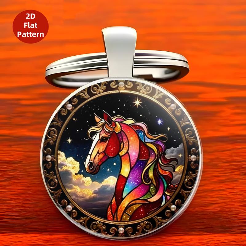 Fashion Vintage Horse Pattern Design Dome Glass Alloy Keychain Backpack Pendant Hanging Decoration Car Keyring Gifts