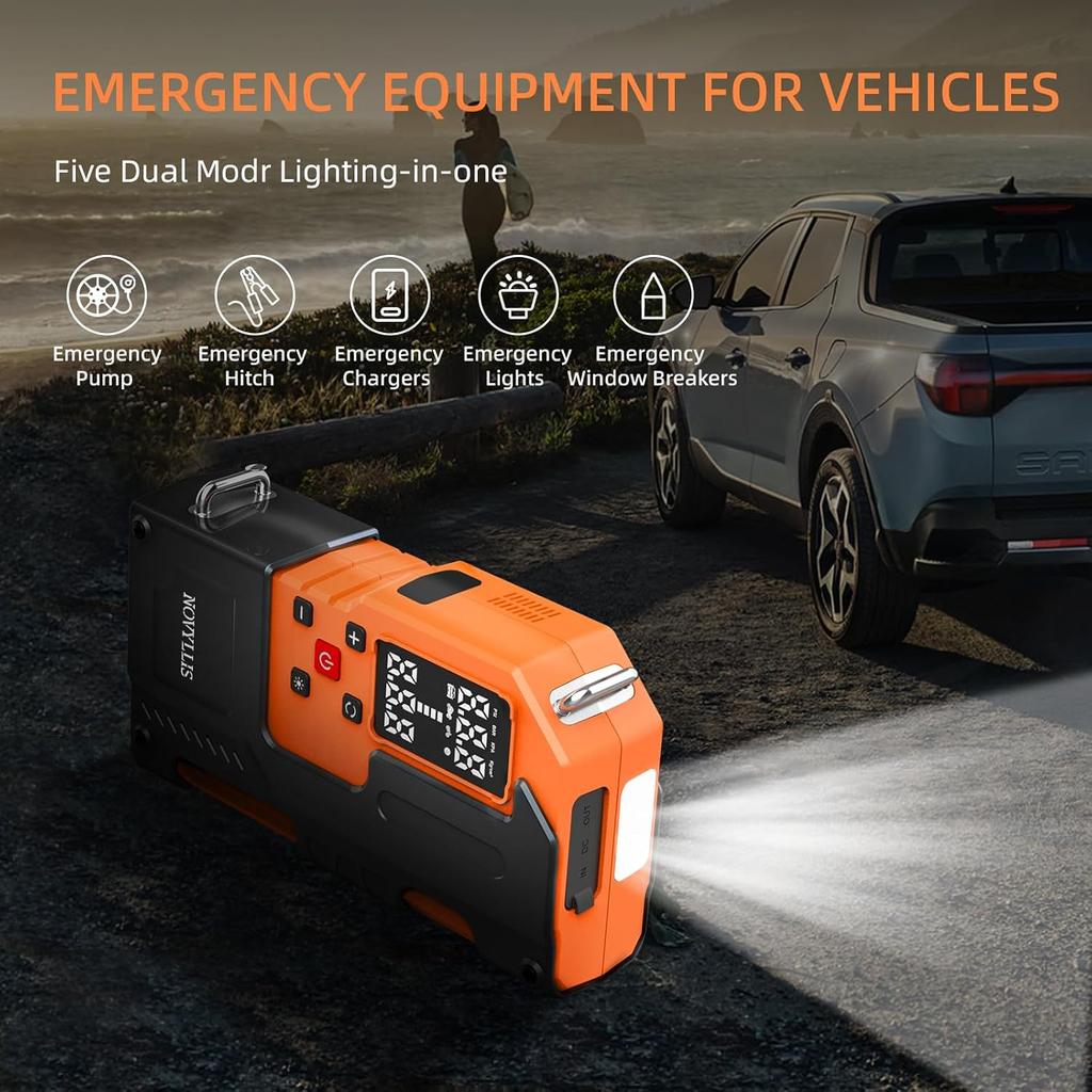 Air Compressor with Jump Starter 10000mAh Power Bank, 150PSI Tire Inflator, SOS LED Light, Auto Shut-off
