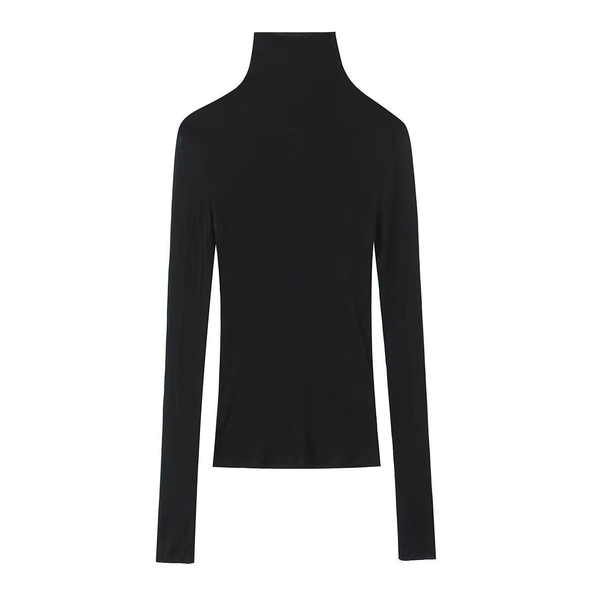 

Жіночий приталений в язаний топ з високим коміром - Осінь/Зима, універсальний, з довгим рукавом Medium чорний