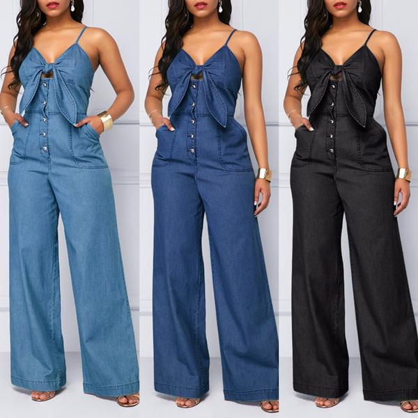 Plus Size Women Summer Jumpsuits Rompers Off Shoulder Denim Jeans Elastic High Waist Playsuits Overalls