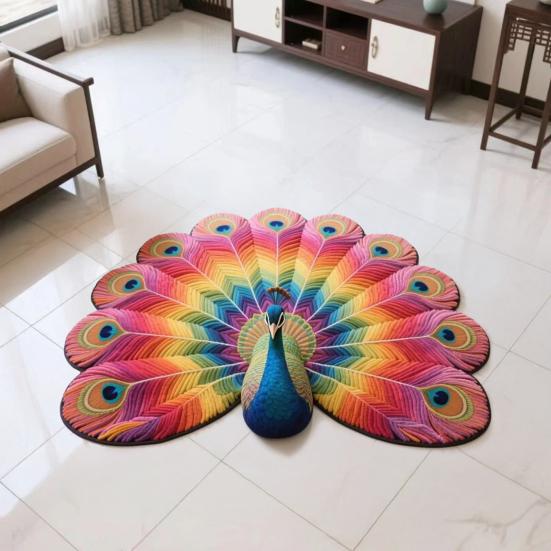 Floor Mat Colorful 3D Peacock Design Quick-Drying Crystal Velvet Soft Absorbent Bath Rug Anti-slip Backing Easy Care Bathroom Mat
