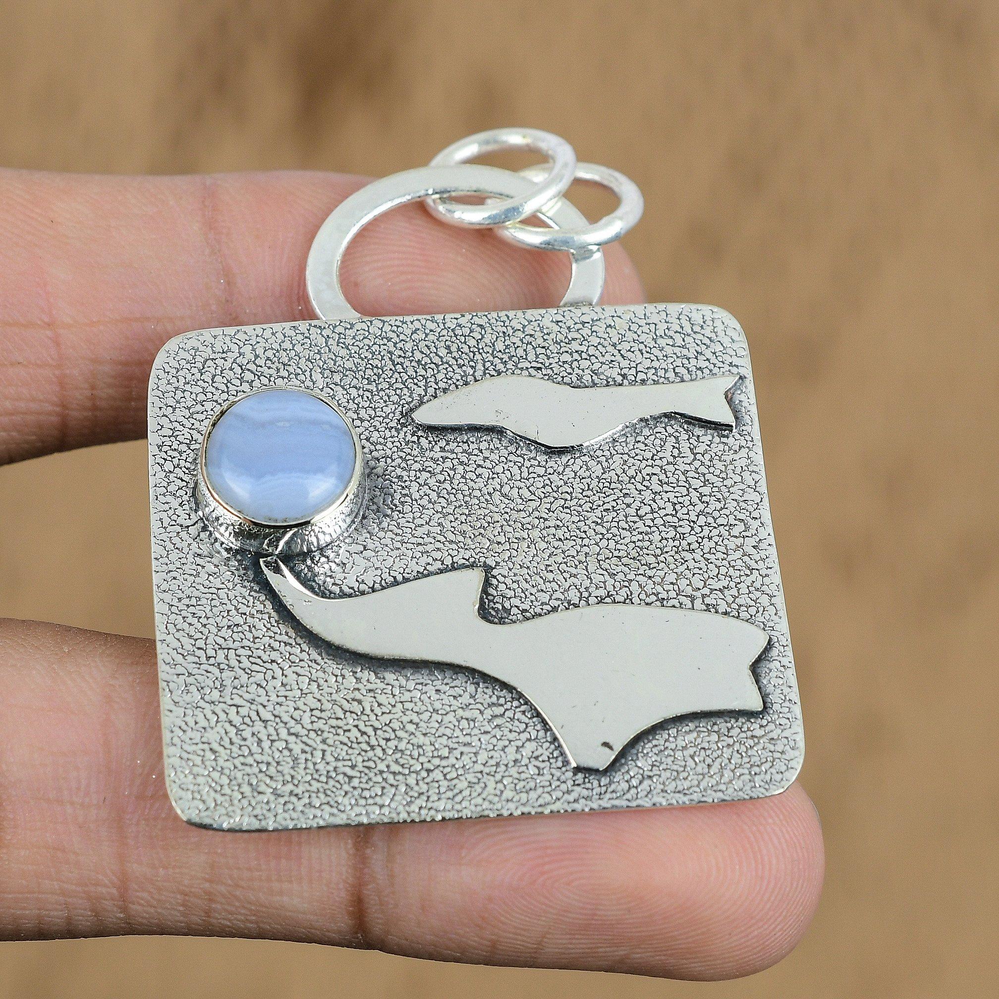 

Natural Blue Lace Agate Gemstone Pendant 925 Sterling Silver Jewelry For Women