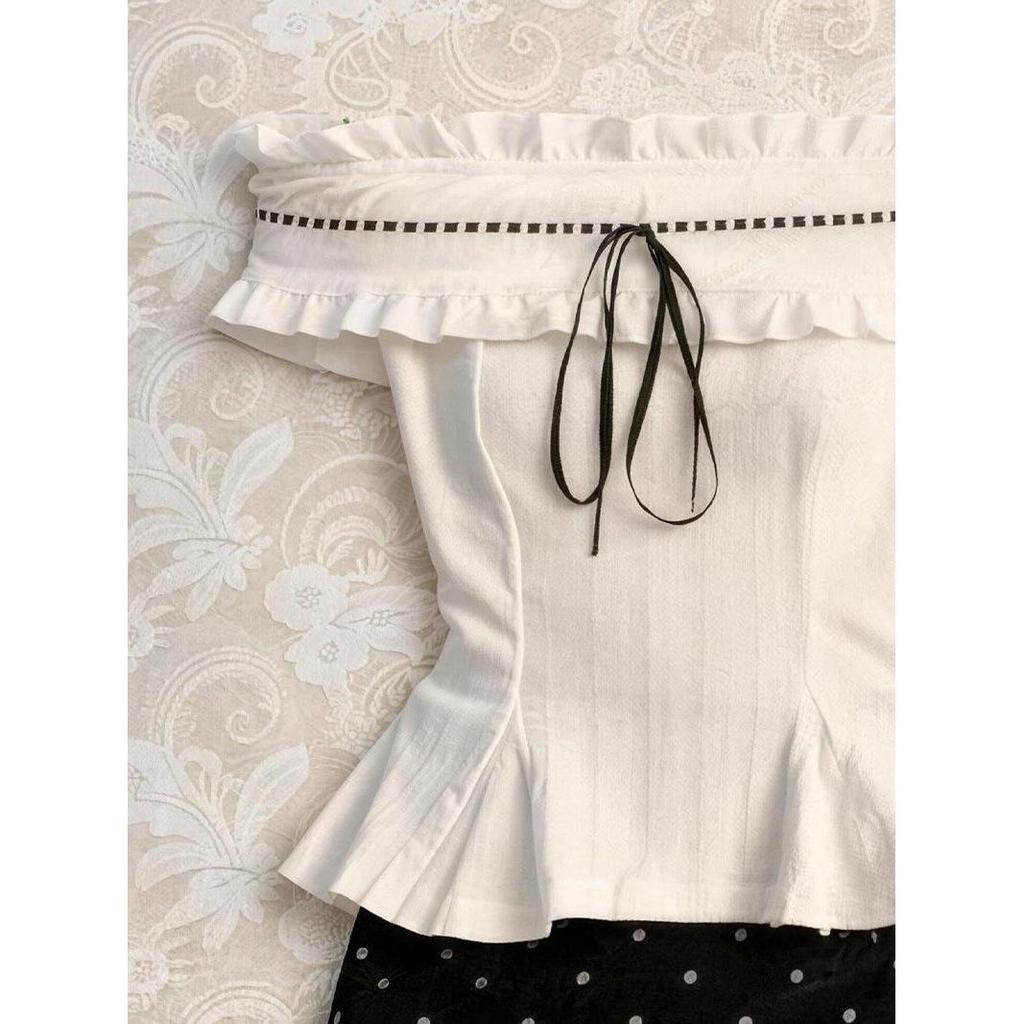 Women's Trendy Summer Set: Off-Shoulder Ruffled Top & Polka Dot High-Waisted Midi Skirt.