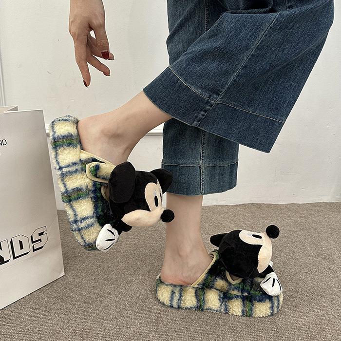 Cartoon Three-dimensional Mickey Cotton Slippers Women's 2025 New Autumn and Winter Indoor Home Warmth Outer Wear Thick-soled Fluffy Slippers