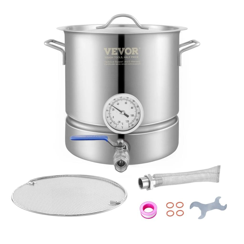 VEVOR Stainless Steel Kettle, 18.9 L Brewing Pot, Tri Ply Bottom for Beer, Brew Kettle Pot, Home Brewing Supplies Includes Lid, Handle, Thermometer