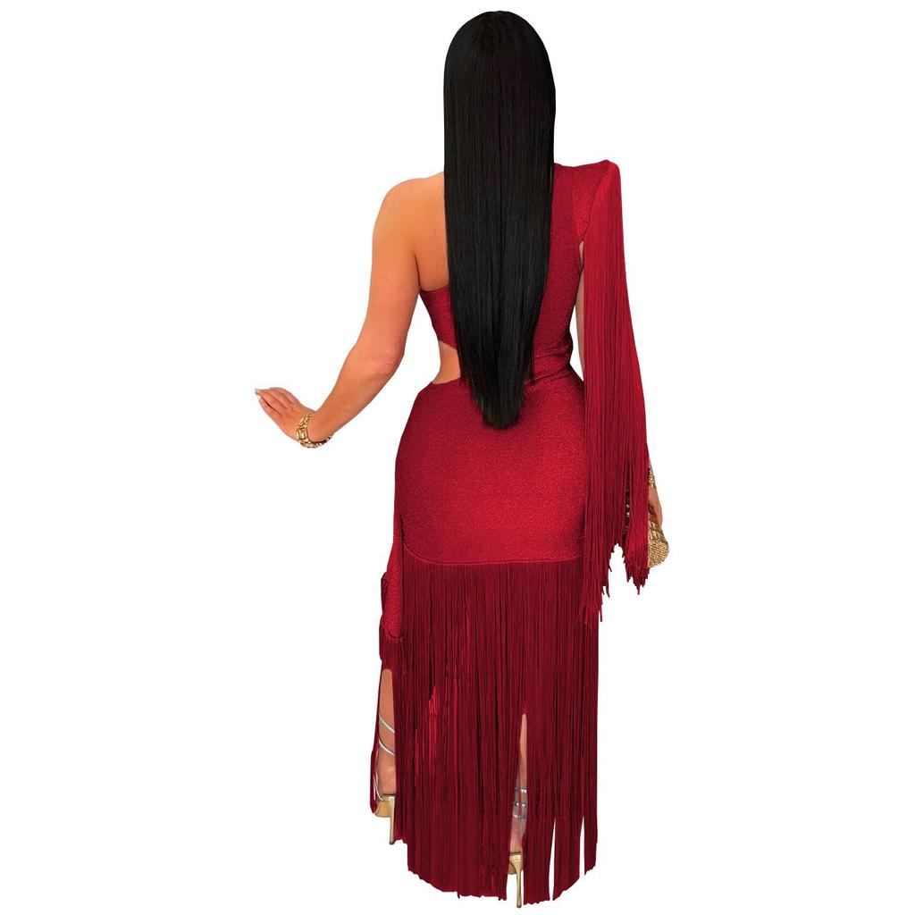 C7428 European and American Women's Fashion One-Shoulder Tassel Long Dress