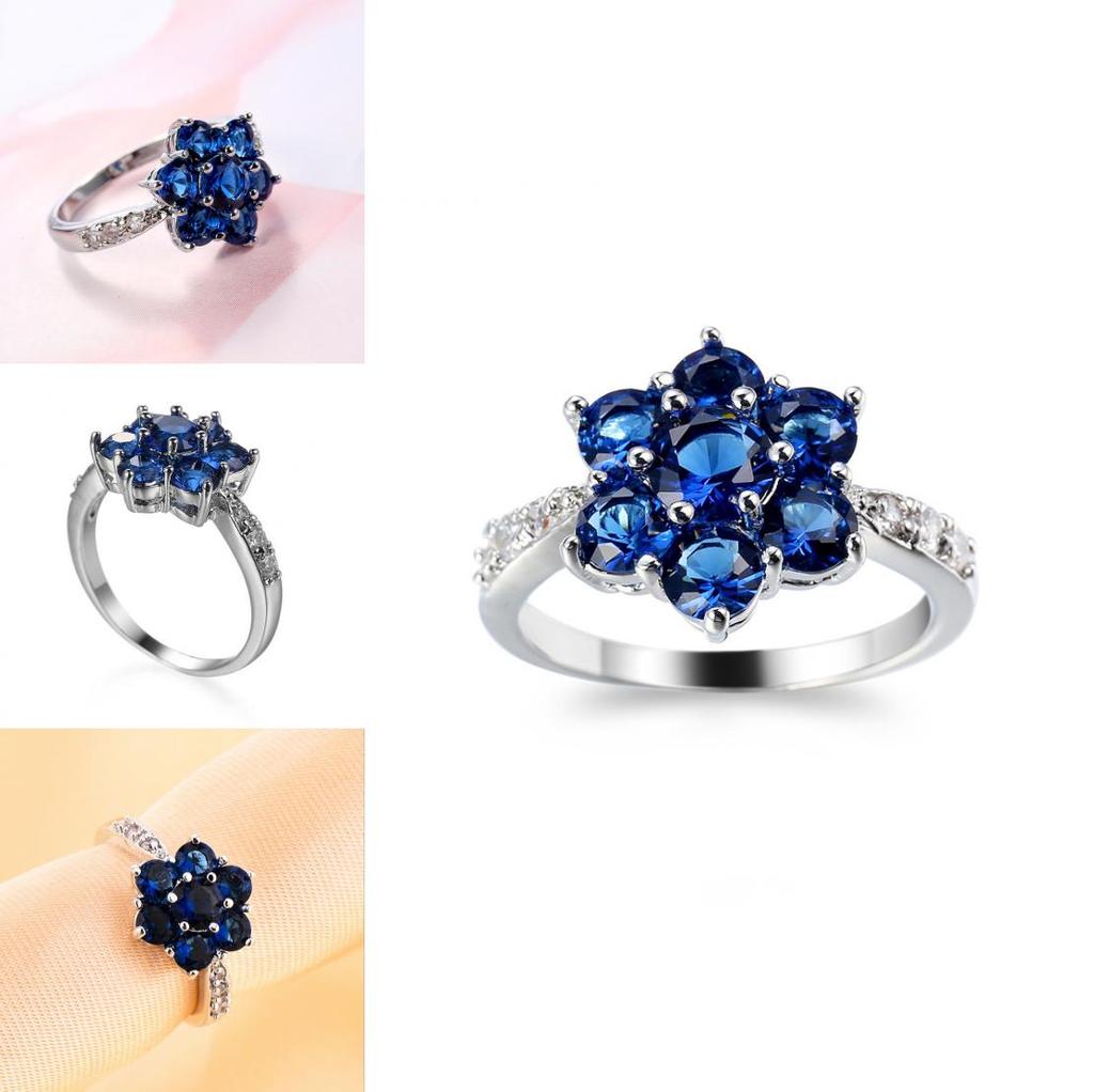 Elegant Blue Flower Shaped Ring For Women With Silver Topaz Detailing In Fashionable Style