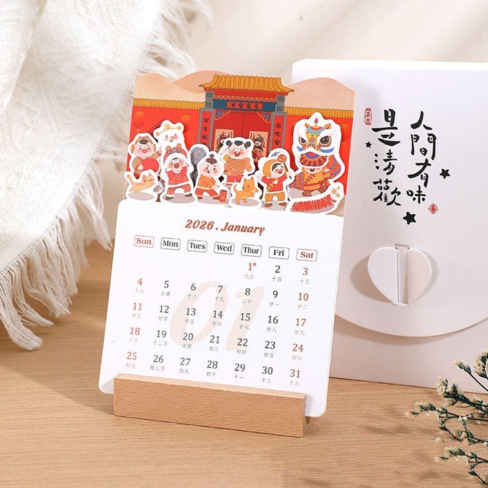 Wooden Detachable Base 2026 Desktop Calendar Chinese New Year DIY Monthly Planner Date Display Standing Calendar