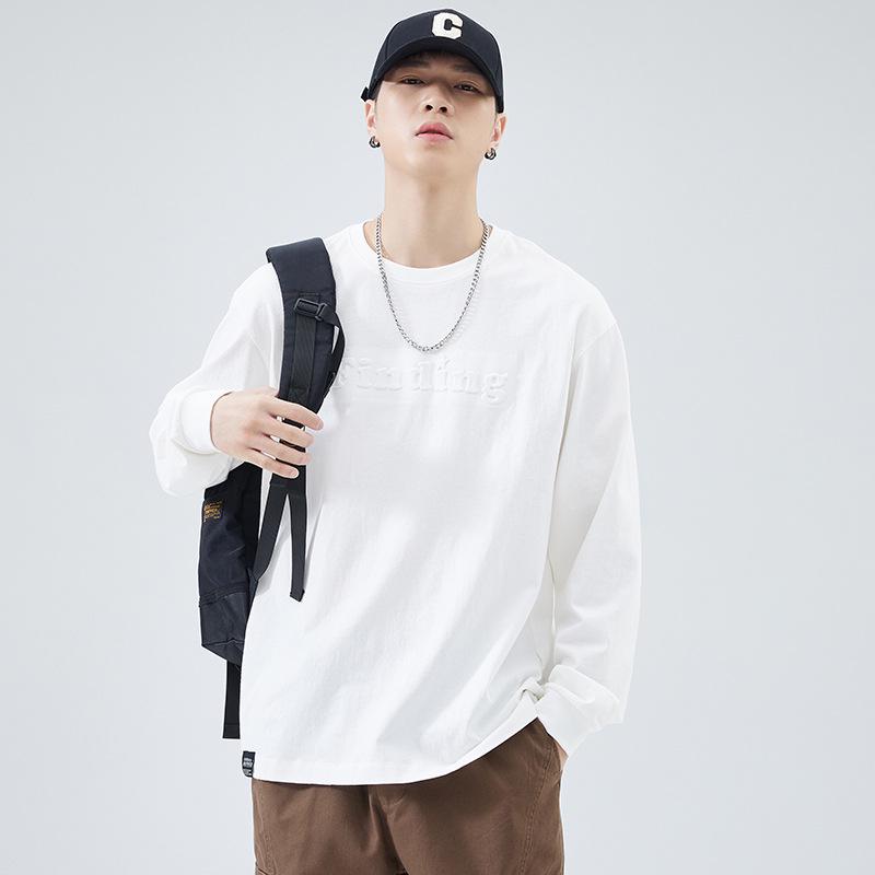 Męski T-shirt z długim rękawem z grubej bawełny - Biały z okrągłym dekoltem, nadruk stalowy, luźny krój, kolekcja jesienna