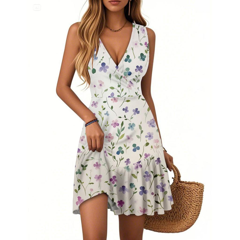 Women's Summer Dress V Neck Sleeveless Casual Floral Print Hem Pleated Dress