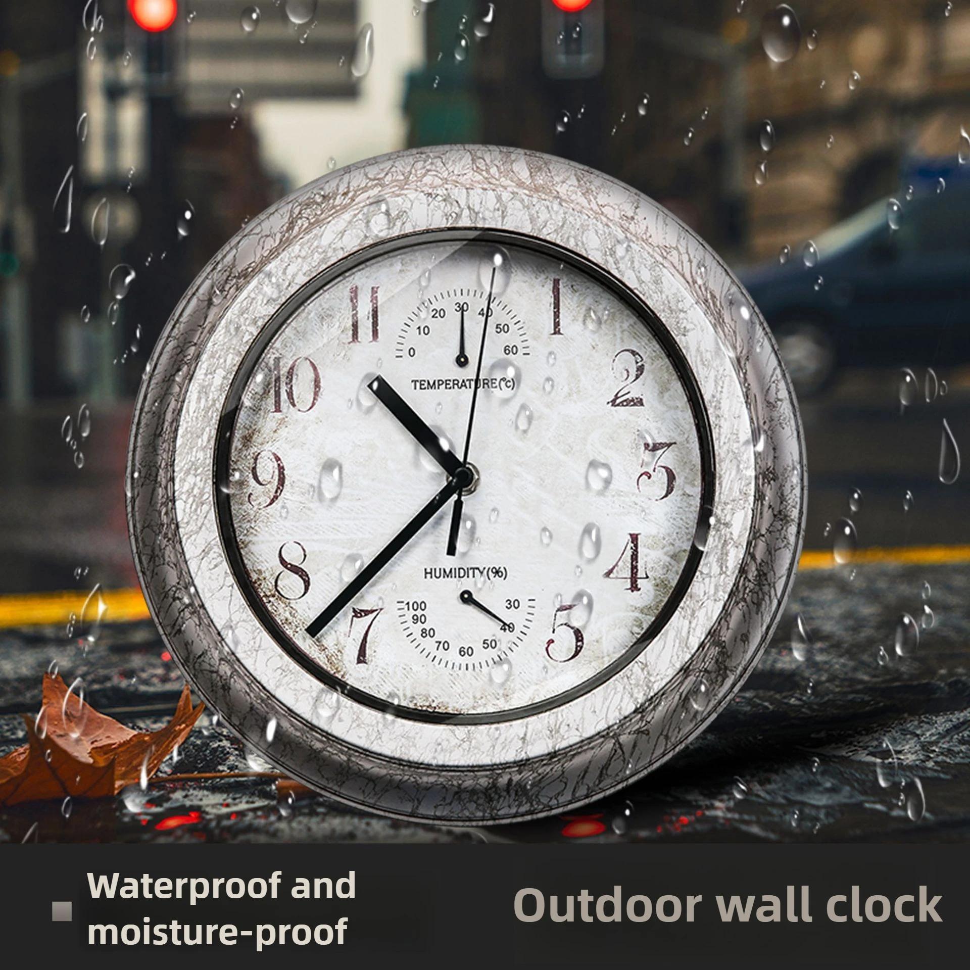 

Outdoor Waterproof Wall Clock Hygrometer Thermometer Bathroom Kitchen Patio Shop Living Room Decorative Wall Clock Silent Clock 12 inch