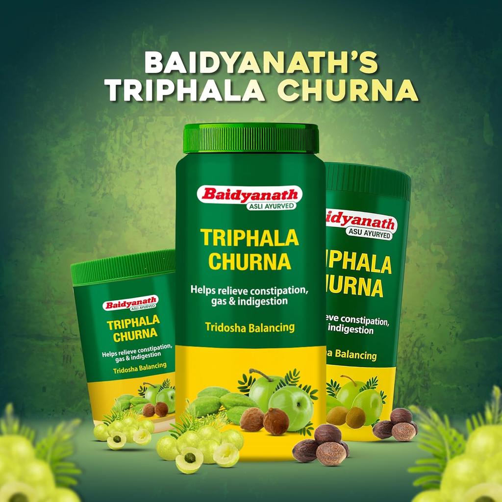 Baidyanath Triphala Churna 500g Ayurvedisches Kräuterpulver zur Linderung von Verstopfung, zur Verdauung, gegen Blähungen und zur Entgiftung | Natürliches Tridosha-ausgleichendes Abführmittel