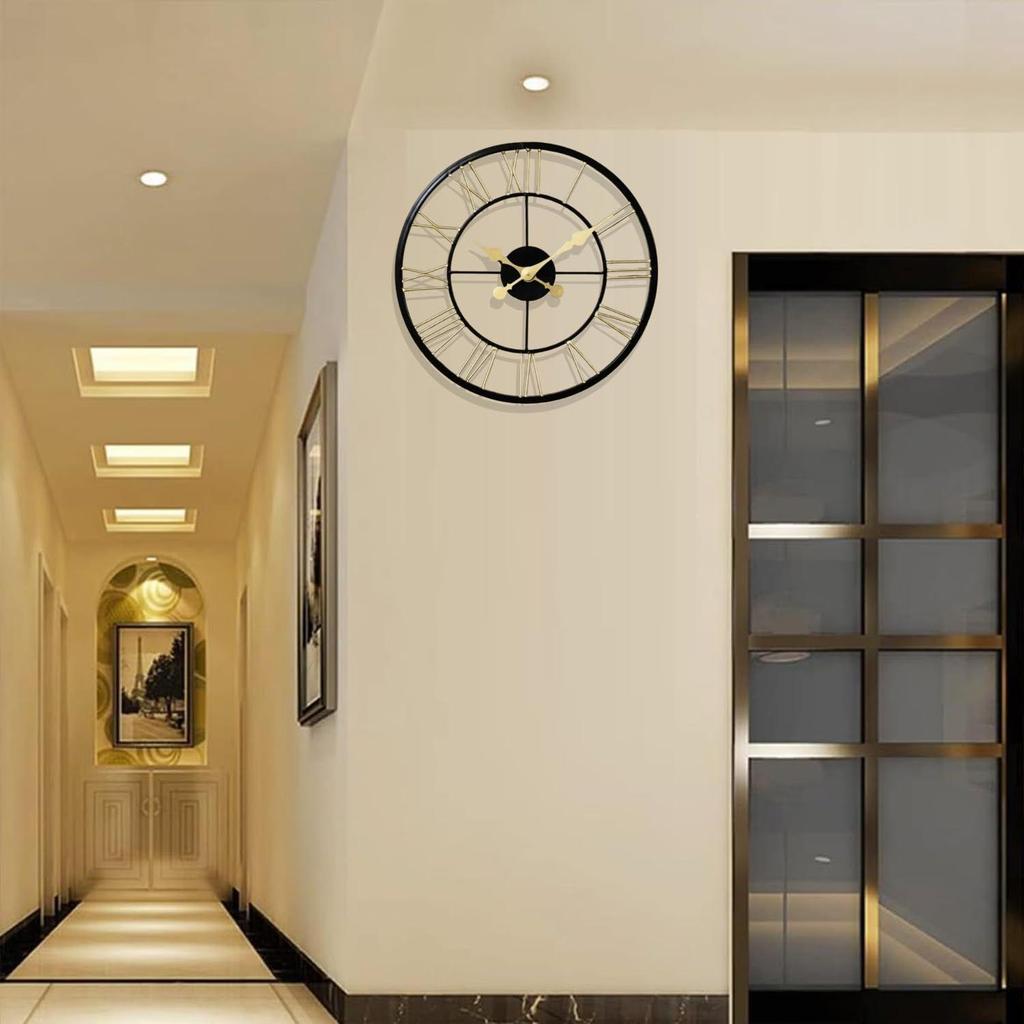 Eisenstange Offenes Zifferblatt Römische Ziffern Transparente Wanduhr Analoguhr für Wohnzimmer Schlafzimmer Büro (18 Zoll, Schwarz)