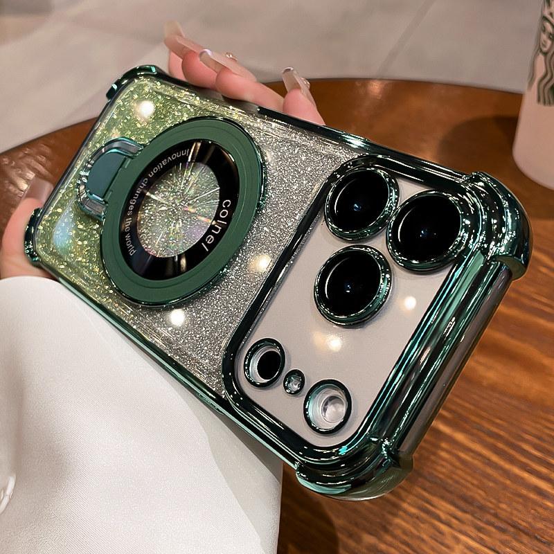 Applicable to Apple 17Promax mobile phone case, airbag electroplating glitter, soft case iPhone16 magnetic suction bracket, anti-drop.