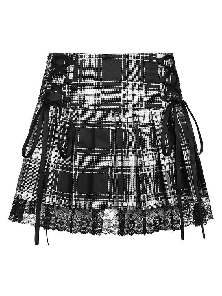 Polyester Plaid Cross Strap Lace Short Skirt With Pleats For Casual Women