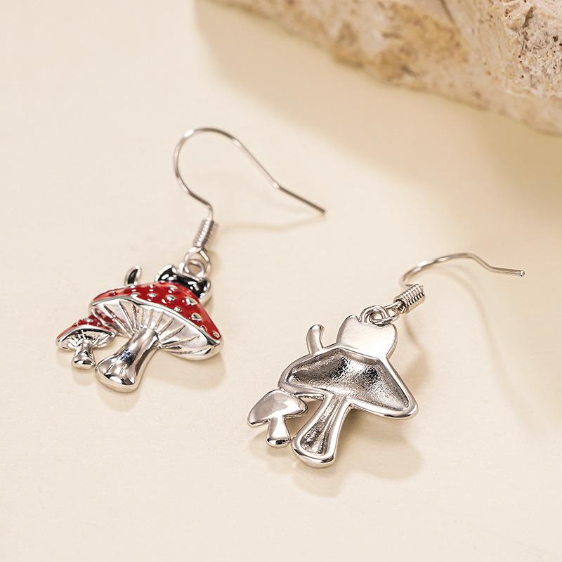 Silver Plated Enamel Mushroom & Black Cat Drop Earrings, Whimsical Forest Dangle Earrings for Women