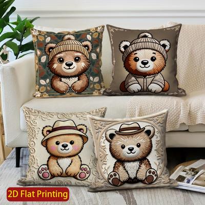 2D Cute Teddy Bears Pillow Covers For Home Decor Pattern Cushion Cover Suitable For Sofa Bedroom Car Pillow Cover