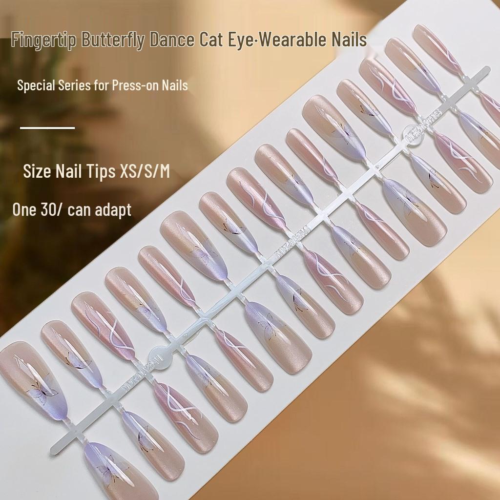 

Изысканные накладные ногти «Кошачий глаз» с танцем бабочек - Элегантные накладные ногти для светлой кожи