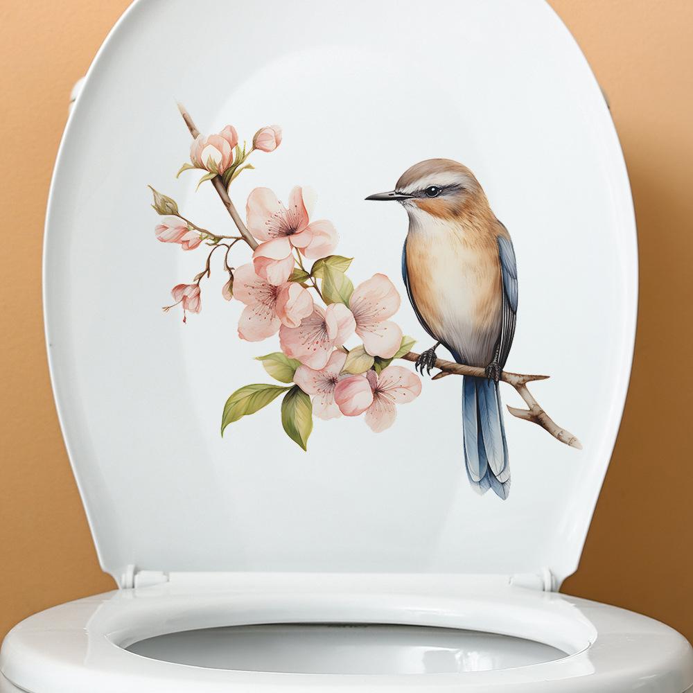 Cartoon Peach Tree Branches Bird Toilet Post Bathroom Bathroom Home Beautification Wall Sticker