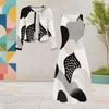 Women Plus Size Two Piece Dress Set Round Neck Long Sleeve Cardigan Sleeveless Dress Black White Floral Printed