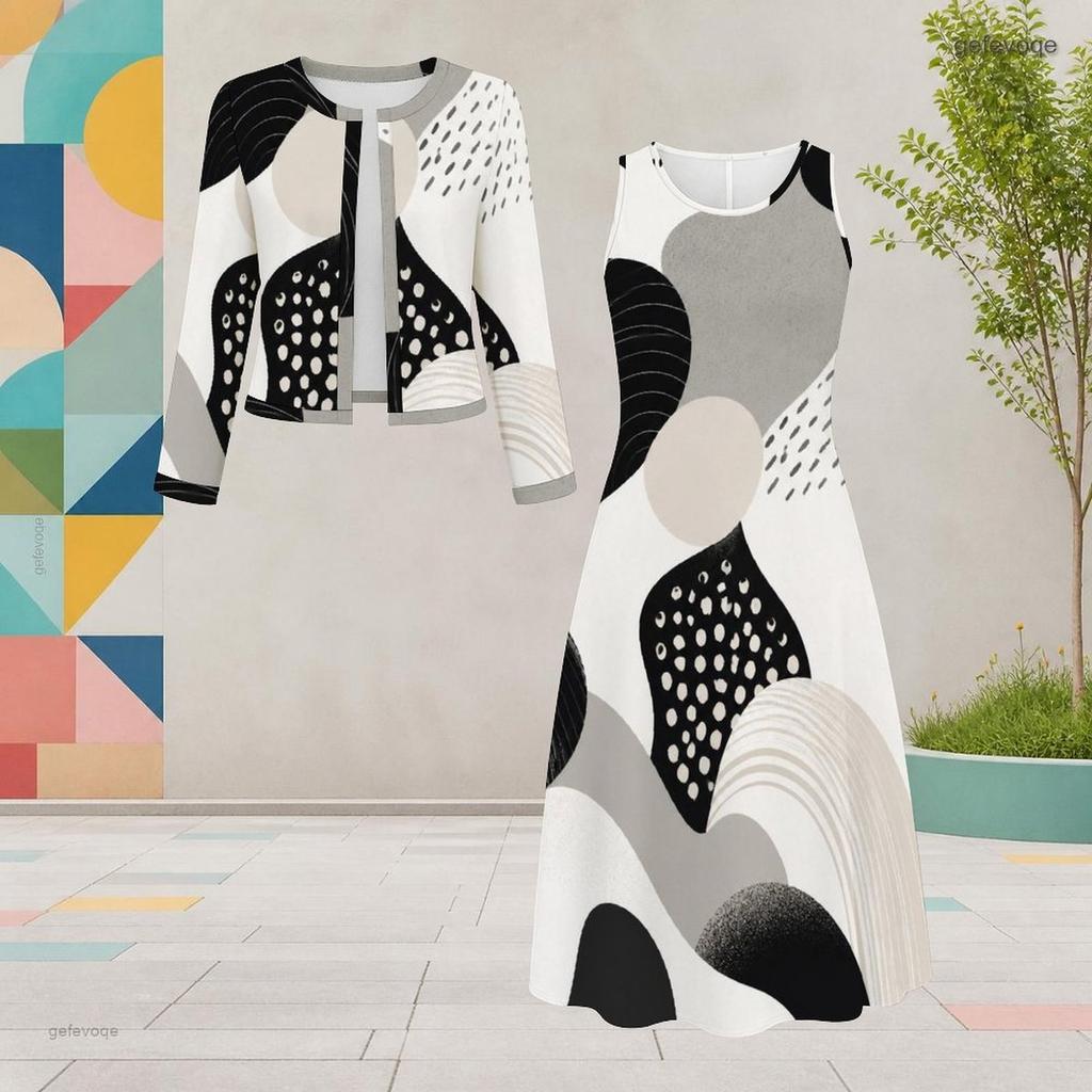Women Plus Size Two Piece Dress Set Round Neck Long Sleeve Cardigan Sleeveless Dress Black White Floral Printed