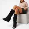 Black Suede Pile Boot Cover High Heel Sandals Autumn and Winter Long Tube Fish Mouth Slope Heel Skinny Boots