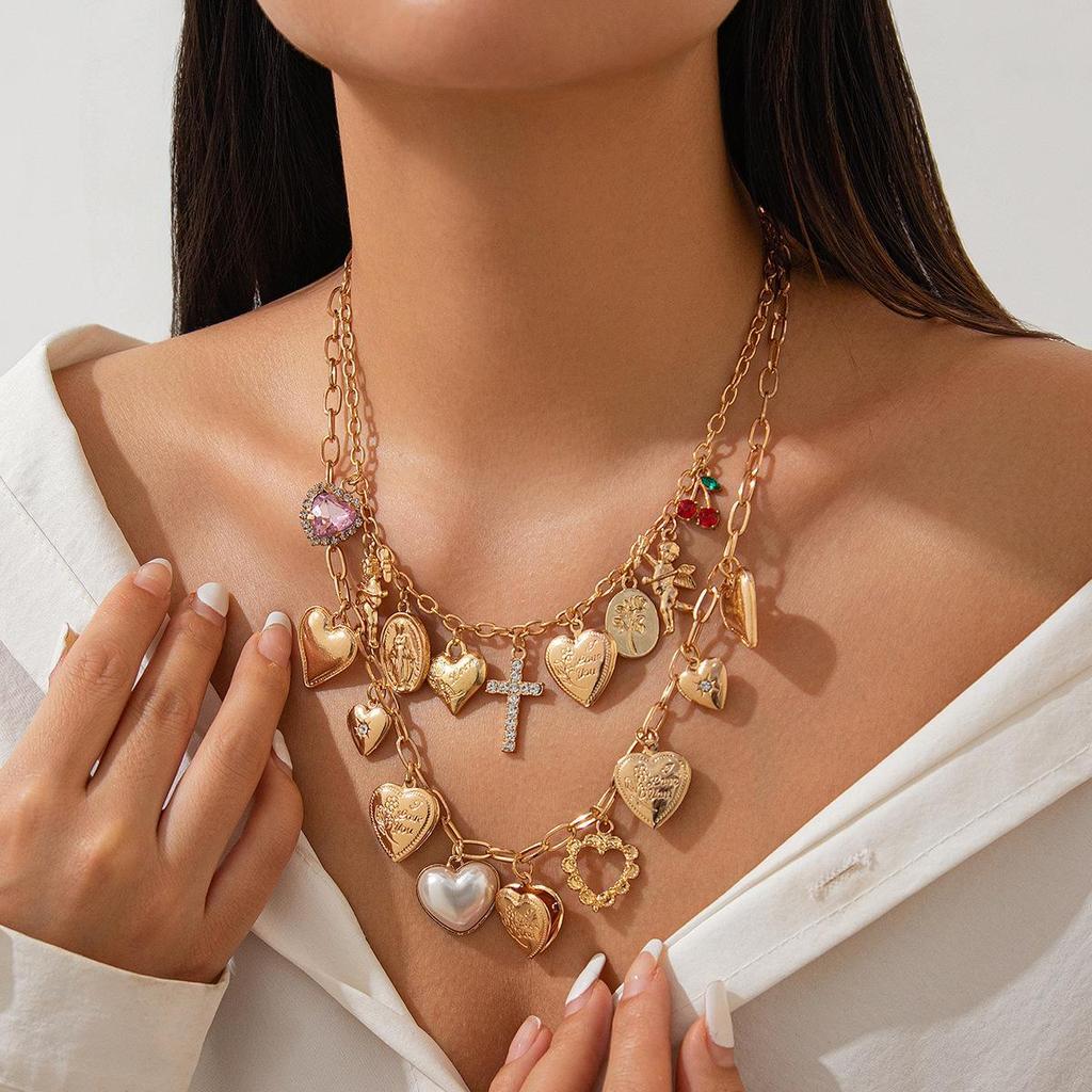 European-American Love Pendant Alloy Necklace with Diamond Cross Clavicle Chain, Stacking Style