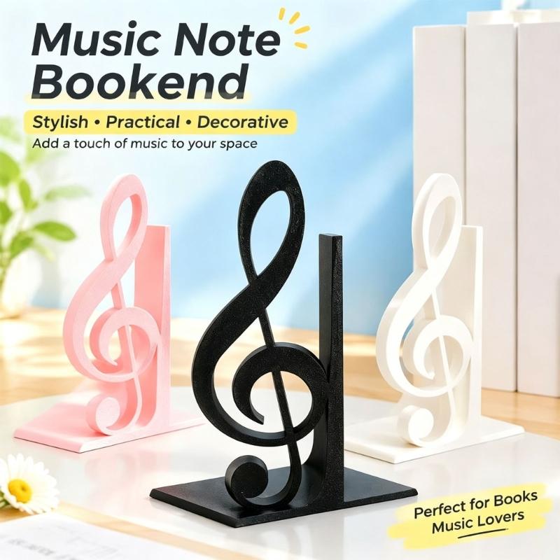 Musical Note Bookend with Flat Base Decorative Vertical Book Stoppers for Bookshelf, Desktop, Holiday Party Displays